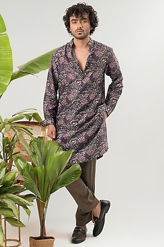 Purple Chanderi Abstract Printed Kurta Set by JORAH MEN