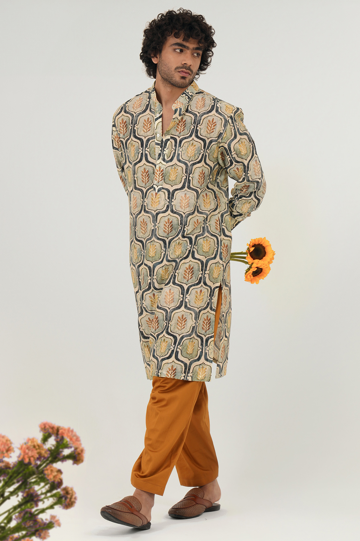 Yellow Chanderi Floral Printed Kurta Set by JORAH MEN
