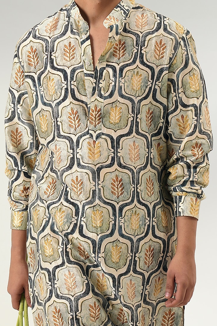 Yellow Chanderi Floral Printed Kurta Set by JORAH MEN at Pernia's Pop Up Shop