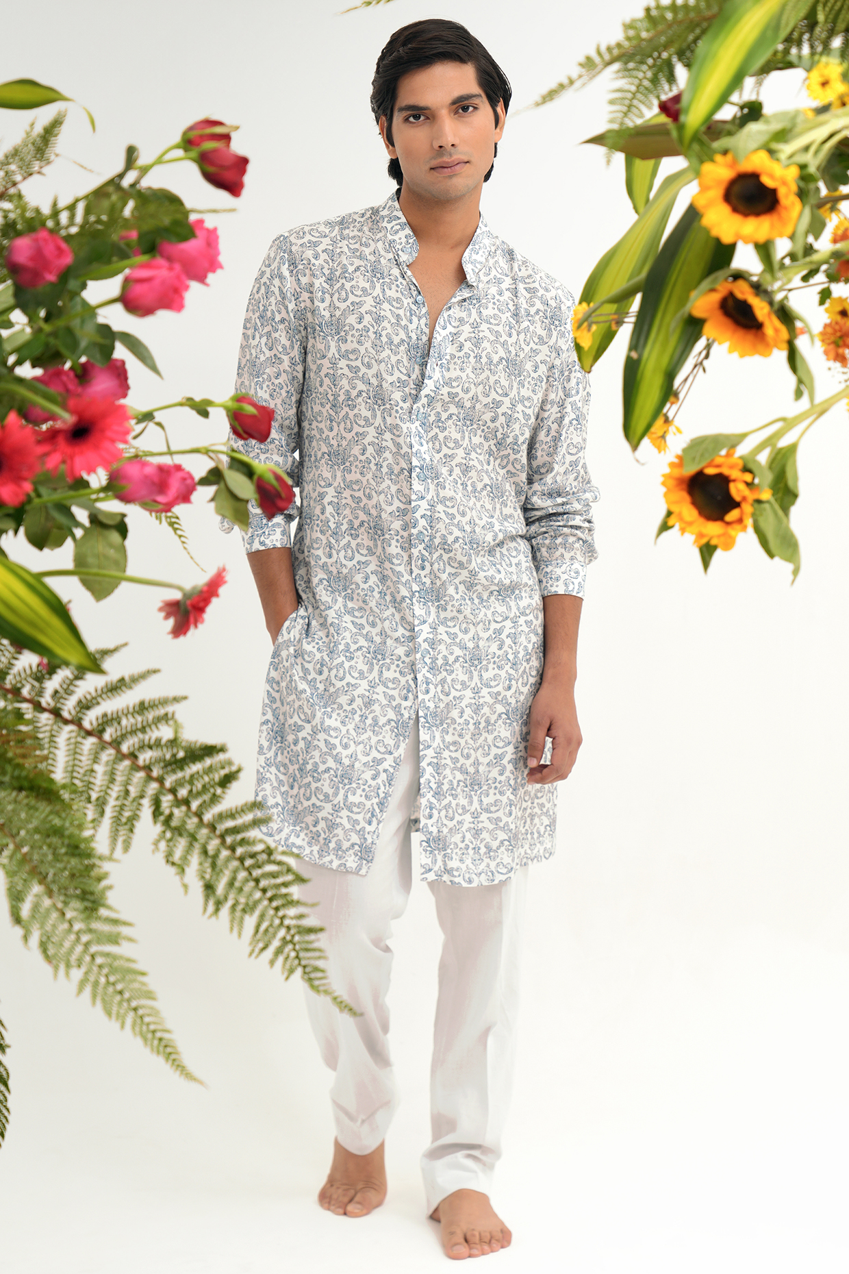 White Muslin Printed Kurta Set by JORAH MEN