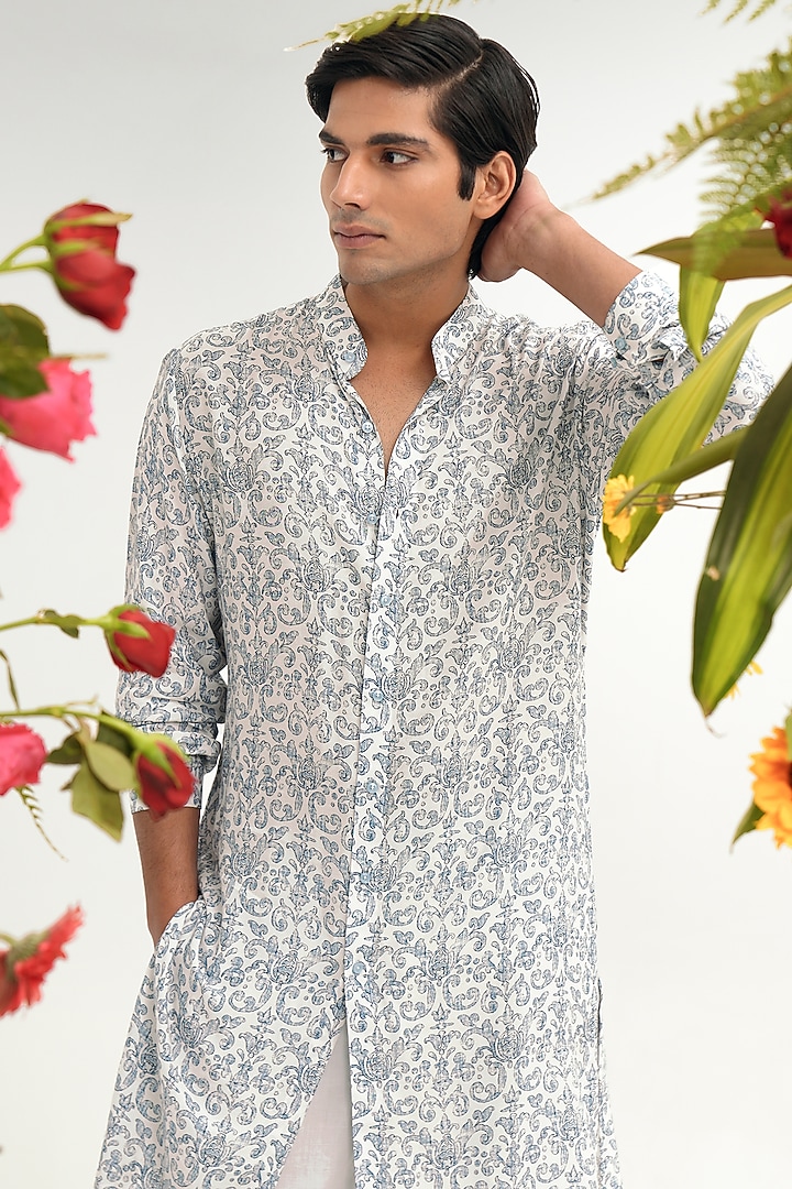 White Muslin Printed Kurta Set by JORAH MEN at Pernia's Pop Up Shop