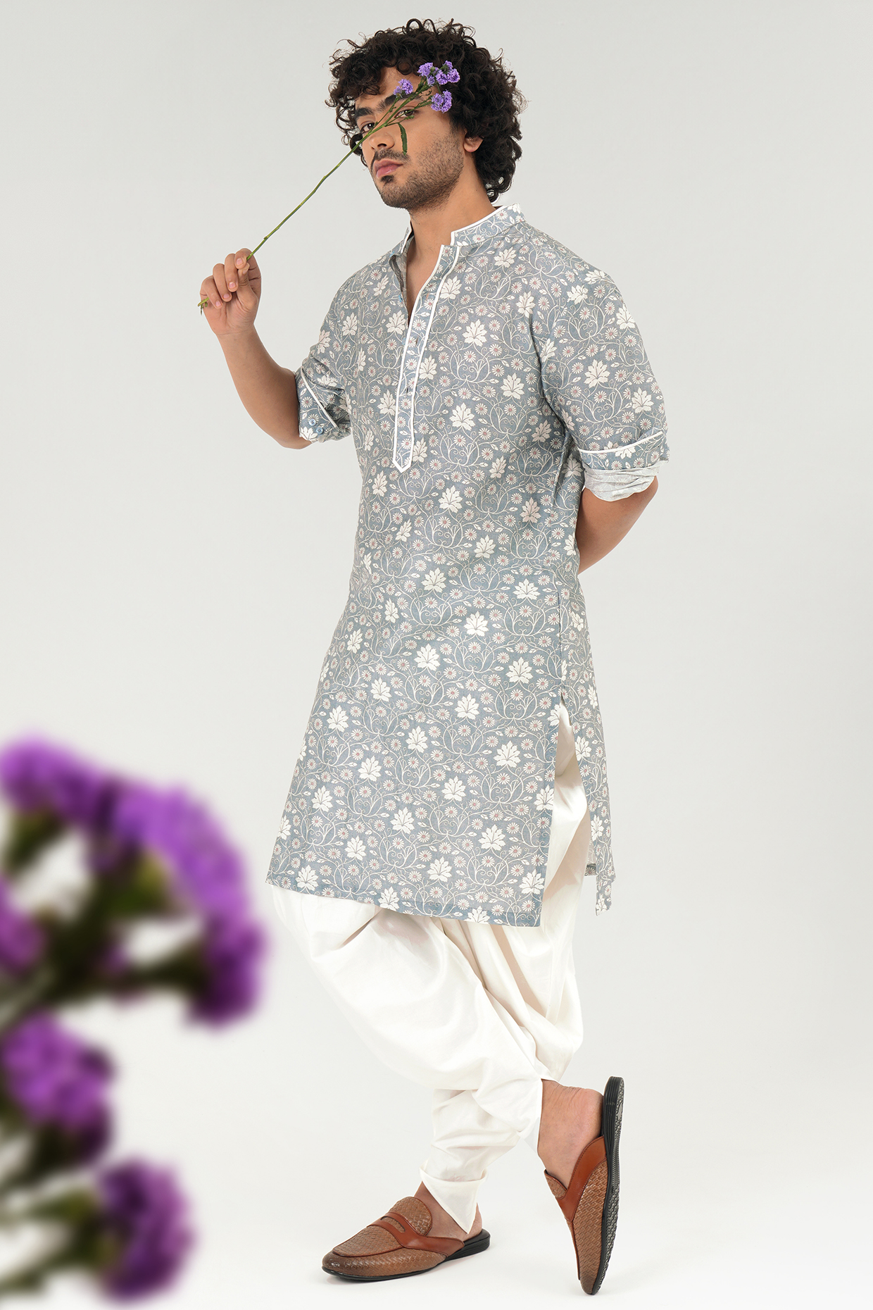 Ivory-Blue Chanderi Floral Printed Kurta Set by JORAH MEN
