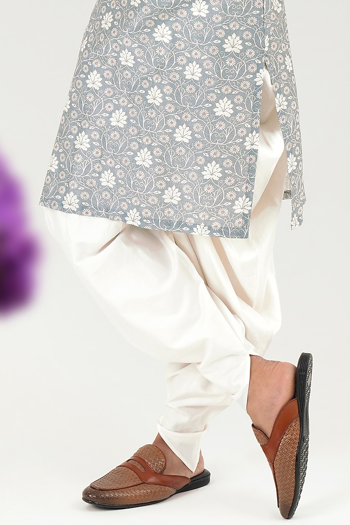 Ivory-Blue Chanderi Floral Printed Kurta Set by JORAH MEN at Pernia's Pop Up Shop