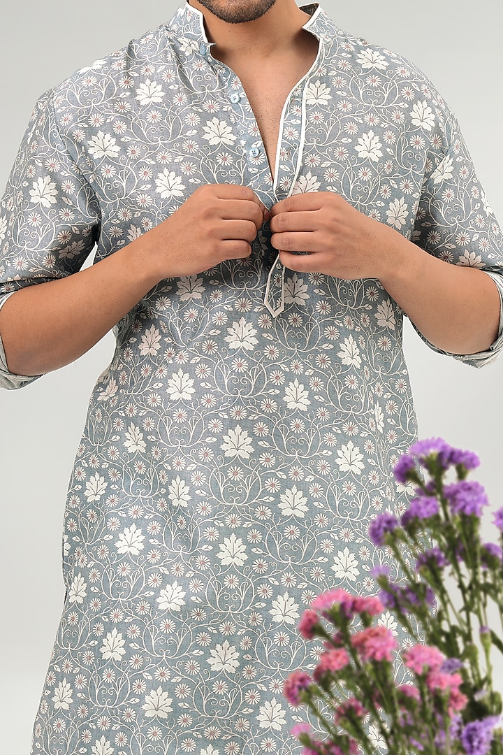 Ivory-Blue Chanderi Floral Printed Kurta Set by JORAH MEN at Pernia's Pop Up Shop