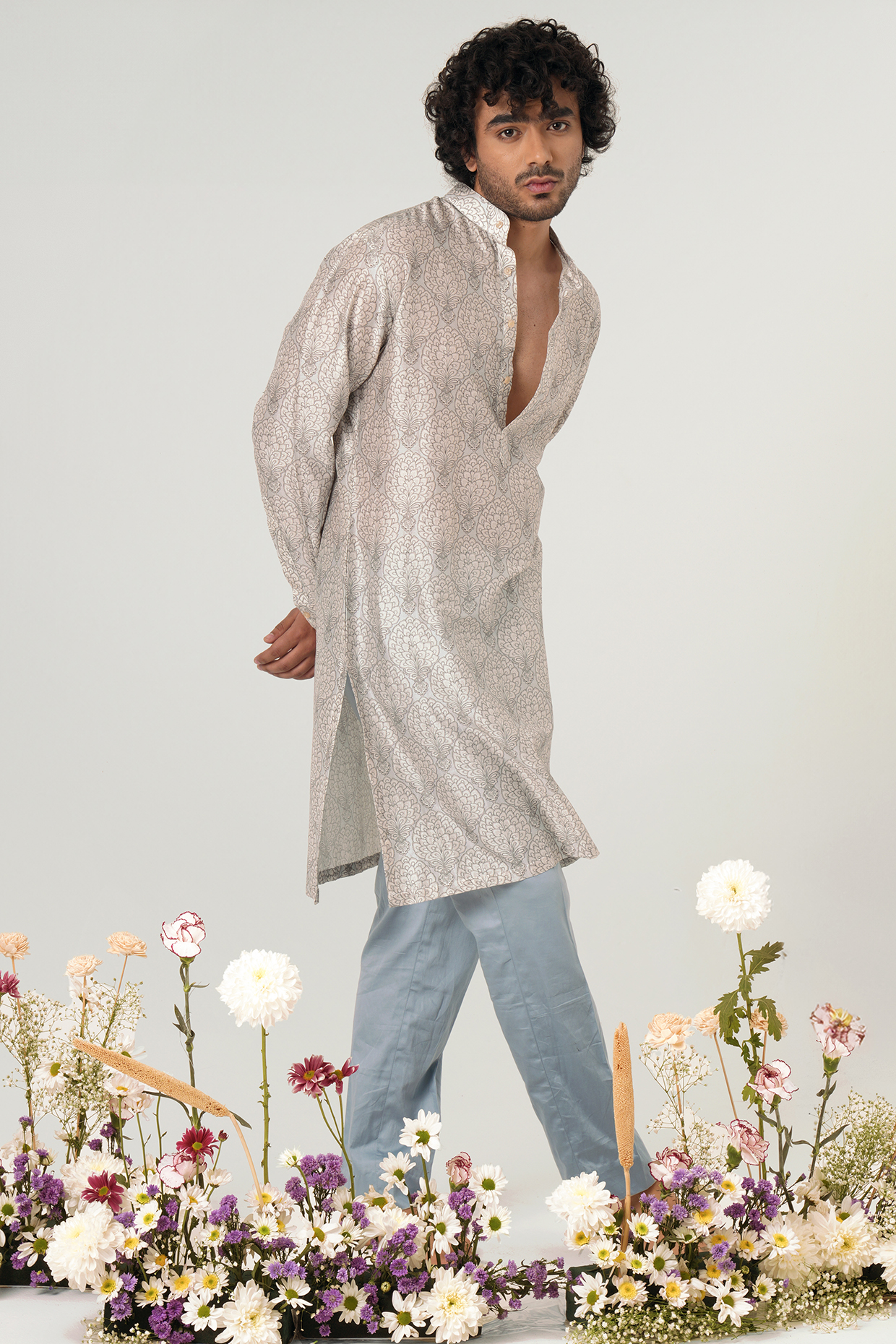 Ivory-Blue Chanderi Floral Printed Kurta Set by JORAH MEN