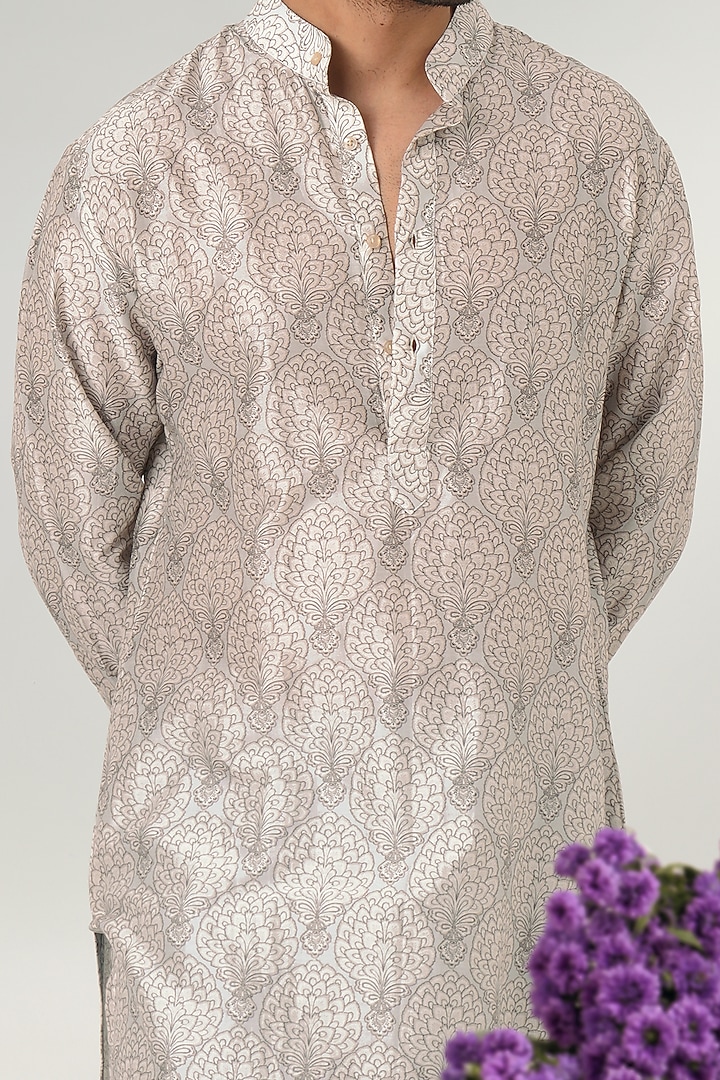 Ivory-Blue Chanderi Floral Printed Kurta Set by JORAH MEN at Pernia's Pop Up Shop