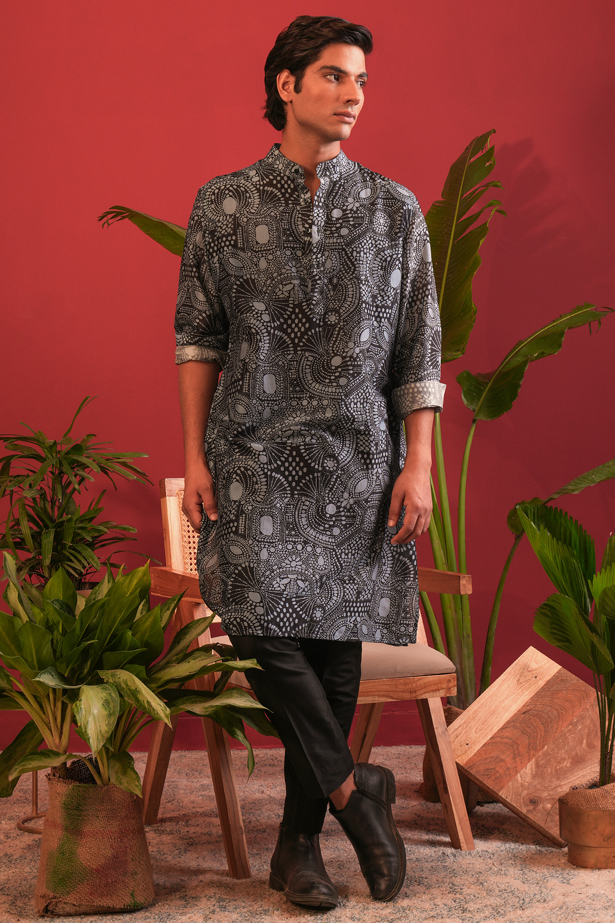 Black-Blue Chanderi Abstract Printed Kurta Set by JORAH MEN
