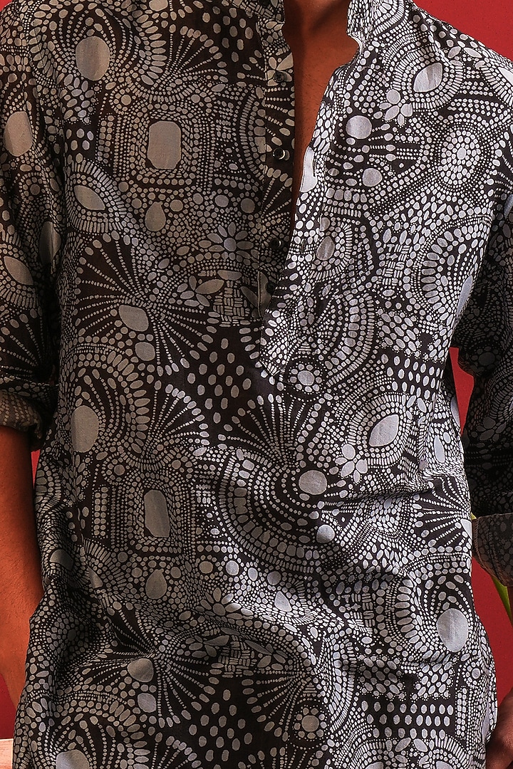 Black-Blue Chanderi Abstract Printed Kurta Set by JORAH MEN at Pernia's Pop Up Shop