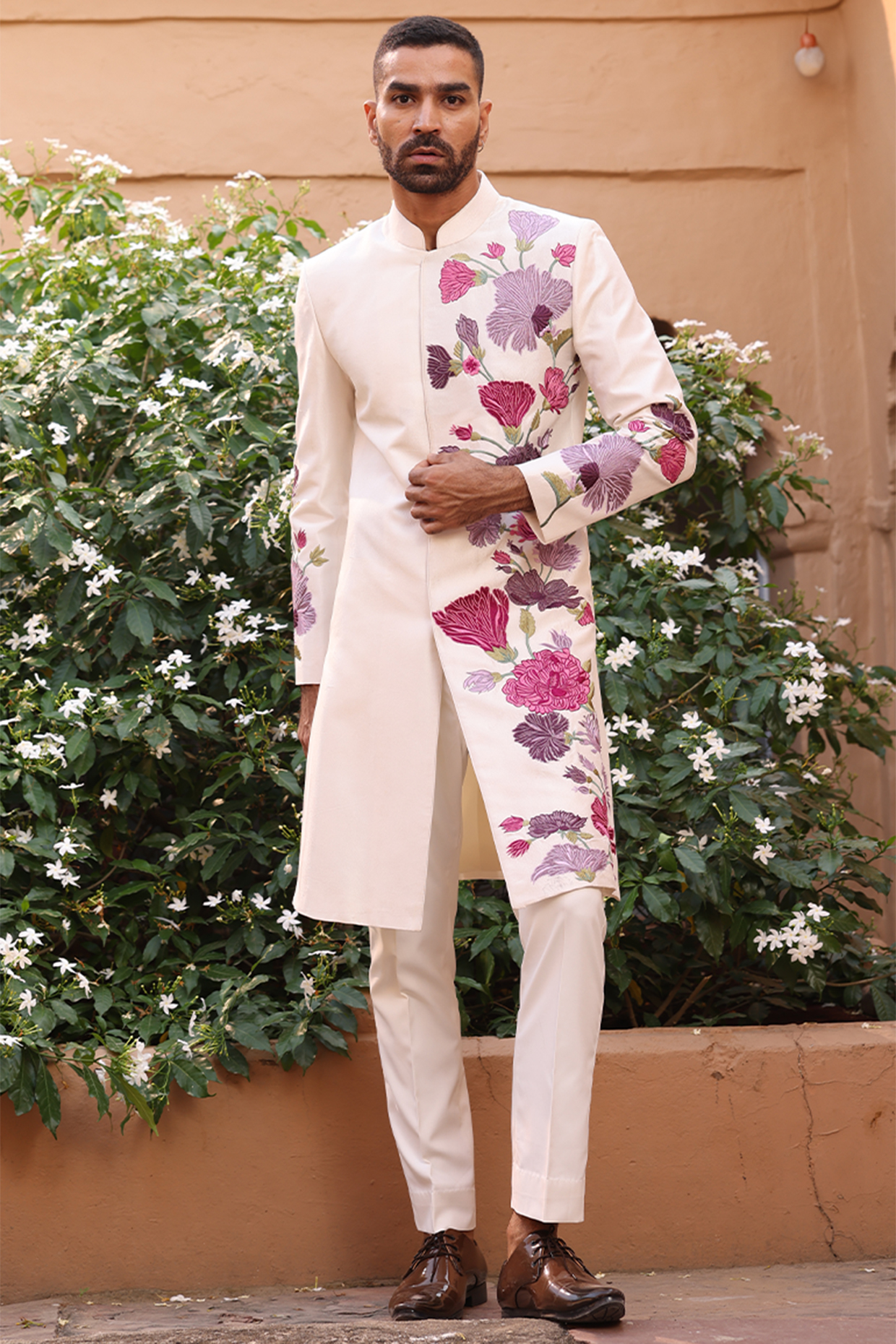 Ivory Dupion & Cotton Silk Threadwork Indowestern Set by JORAH MEN