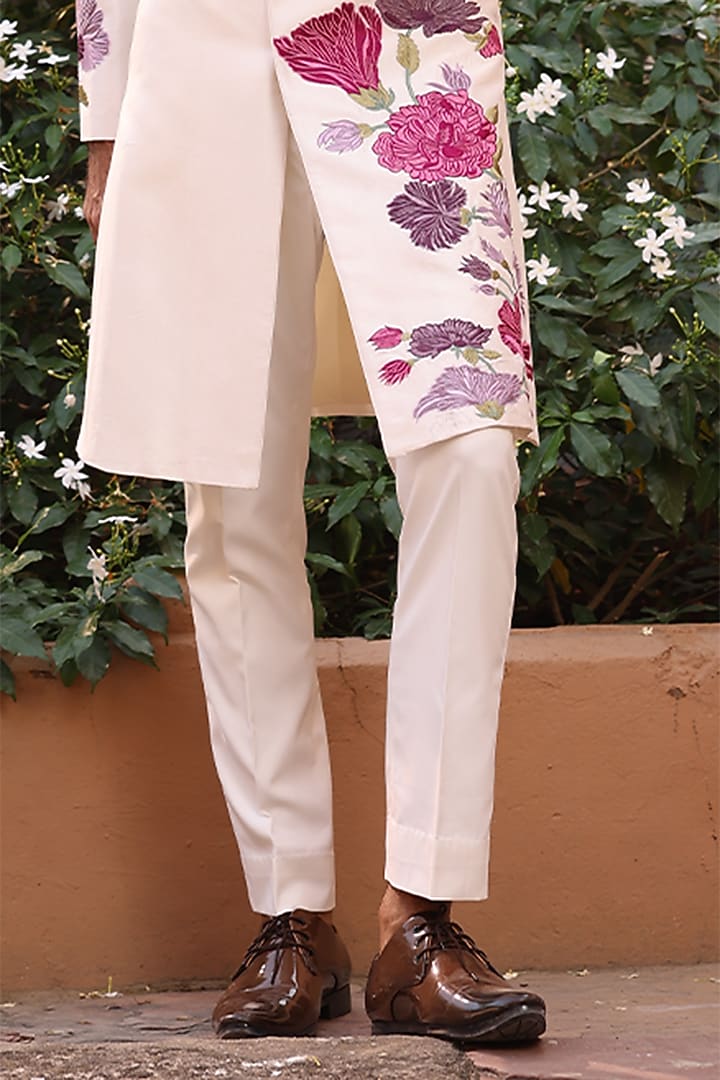 Ivory Dupion & Cotton Silk Threadwork Wedding Indowestern Set by JORAH MEN at Pernia's Pop Up Shop