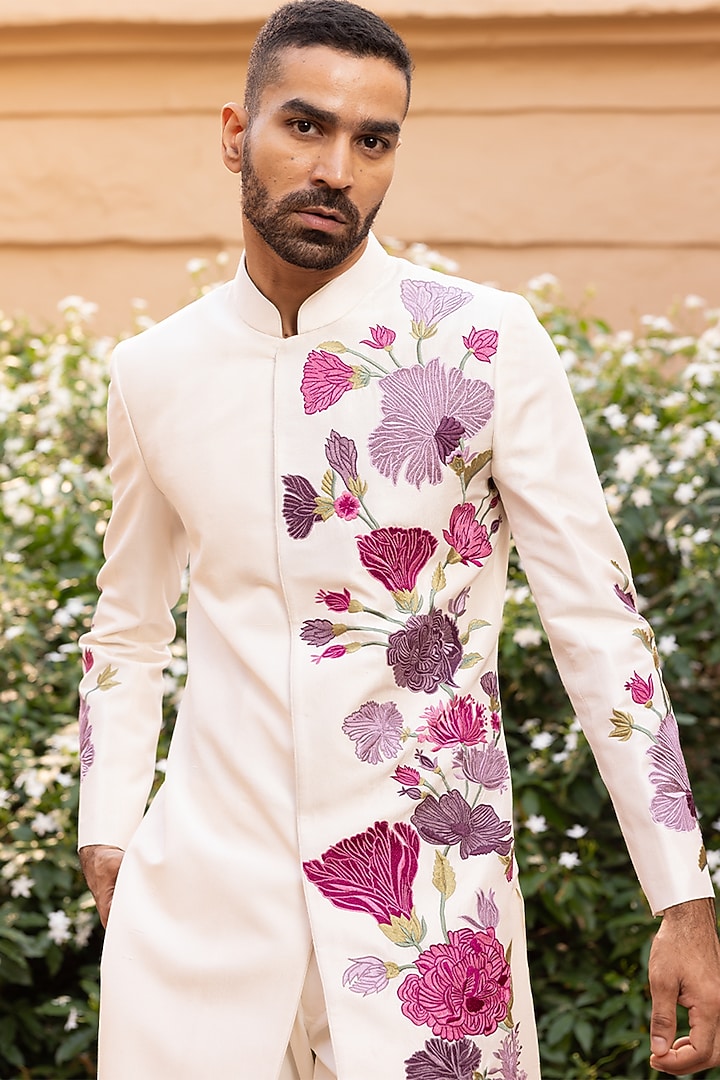 Ivory Dupion & Cotton Silk Threadwork Wedding Indowestern Set by JORAH MEN at Pernia's Pop Up Shop
