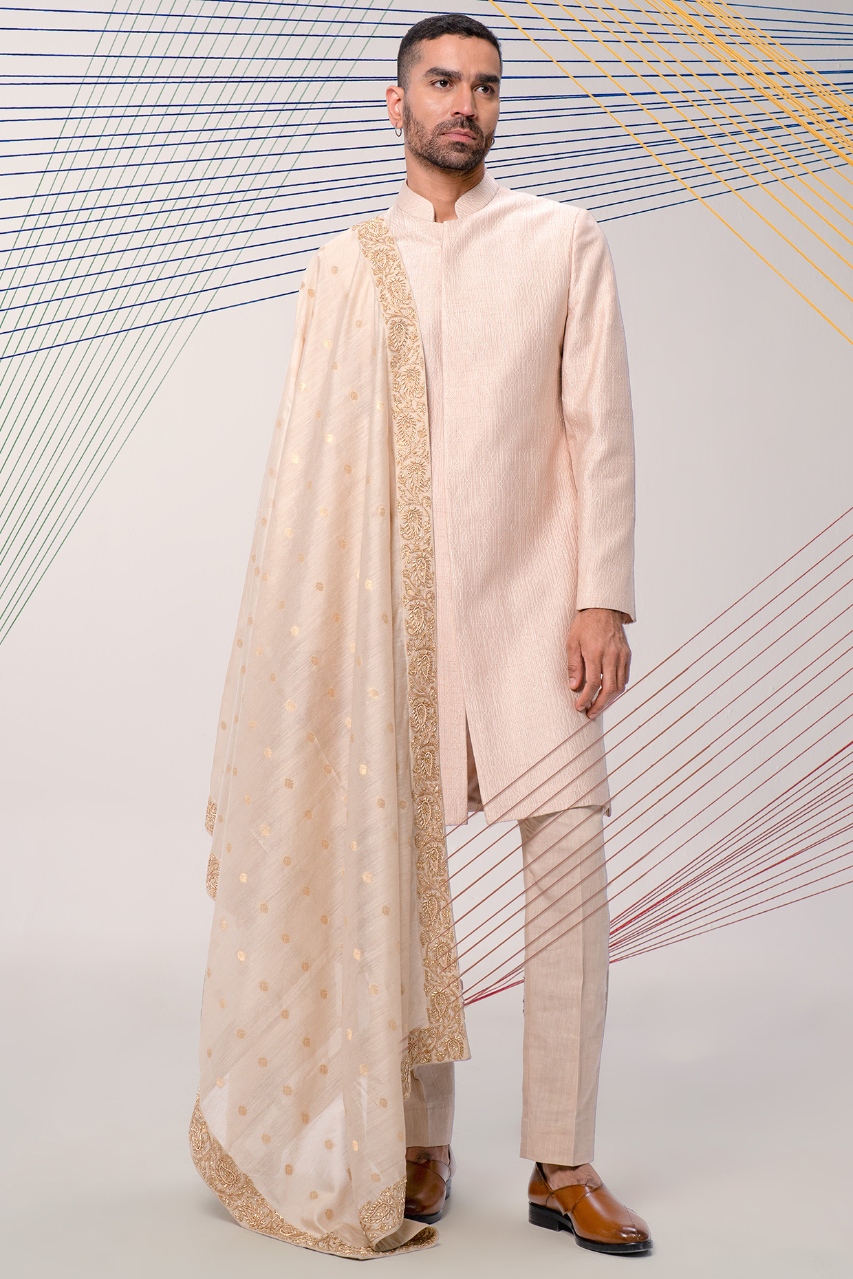 Pink Dupion & Cotton Silk Threadwork Sherwani Set by JORAH MEN