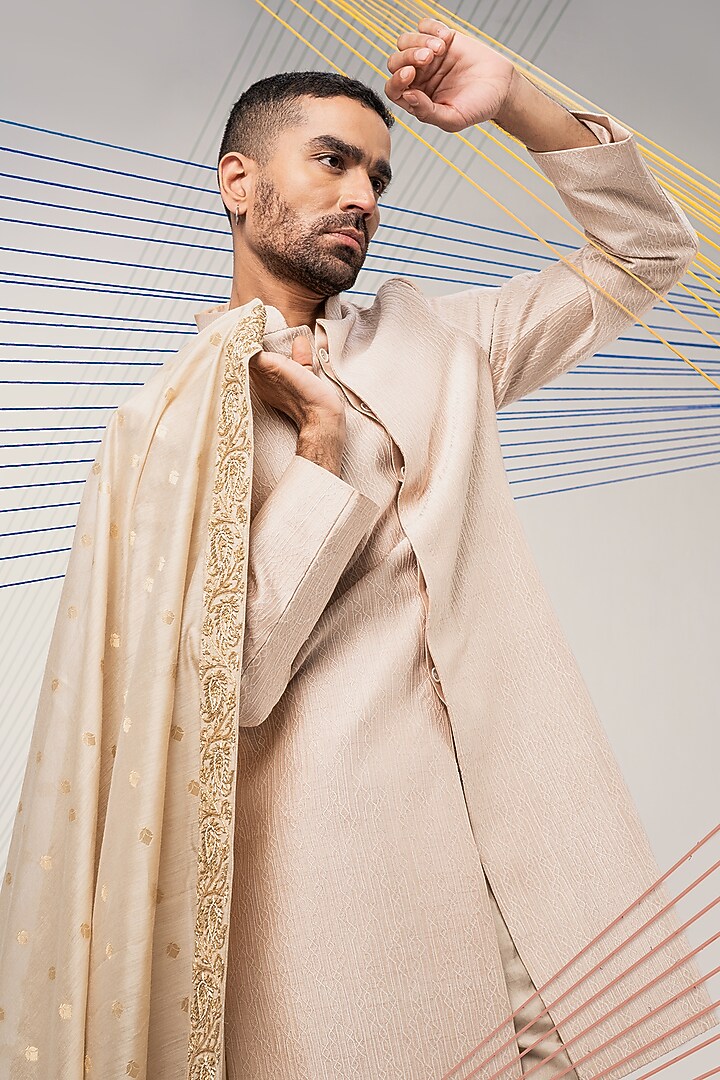 Pink Dupion & Cotton Silk Threadwork Groom Sherwani Set by JORAH MEN at Pernia's Pop Up Shop