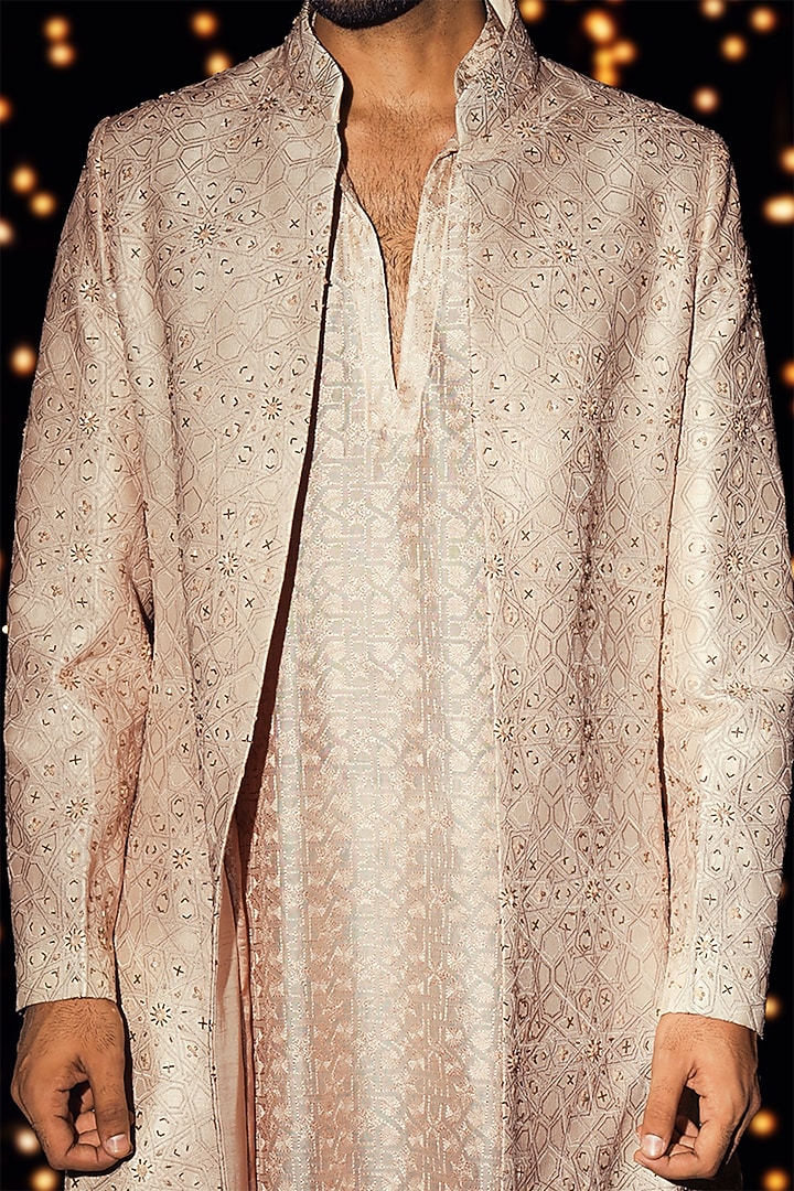 Beige Dupion & Chanderi Cutdana Embroidered Groom Indowestern Set by JORAH MEN at Pernia's Pop Up Shop