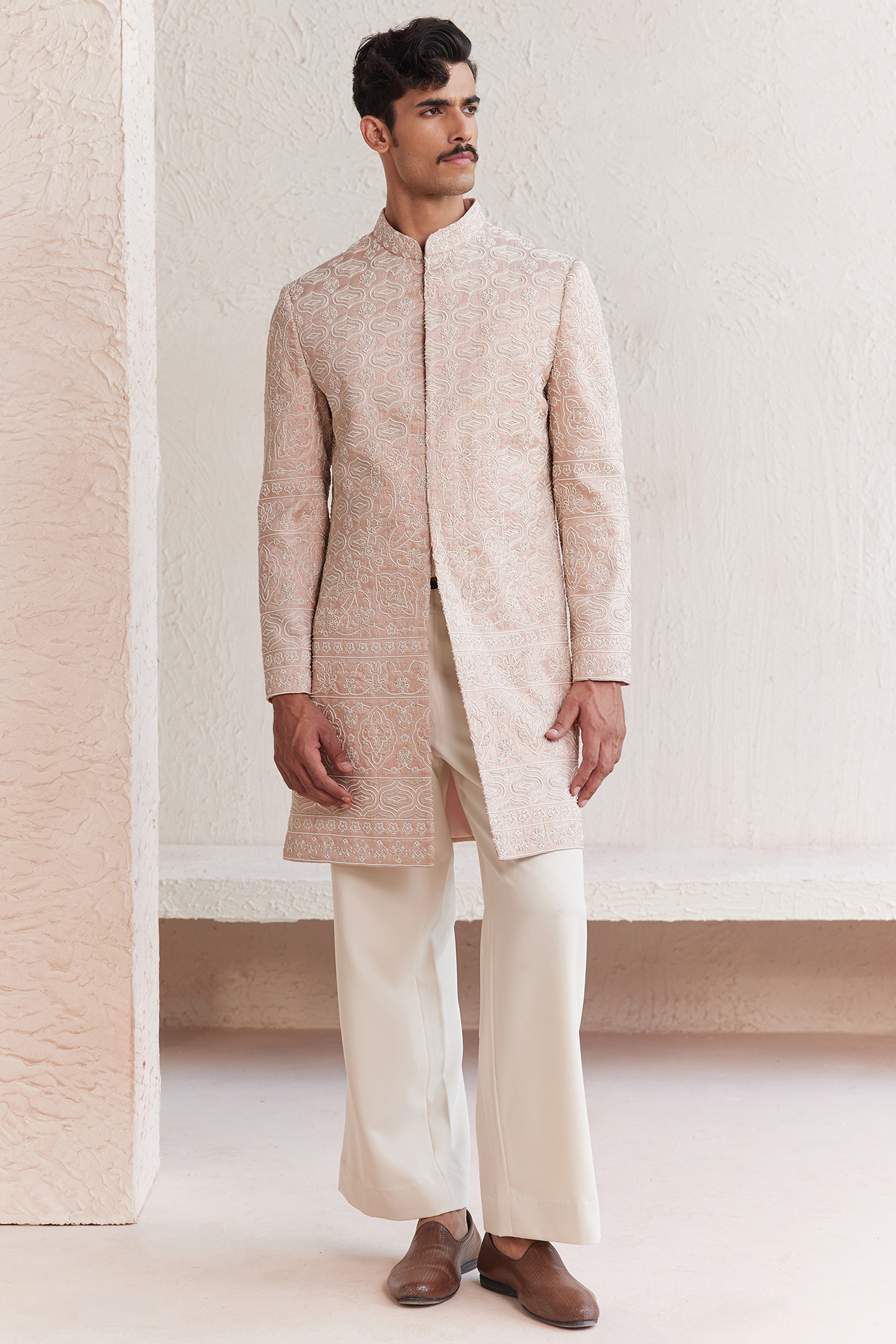 Pink Raw Silk & Cotton Silk Threadwork Indowestern Set by JORAH MEN