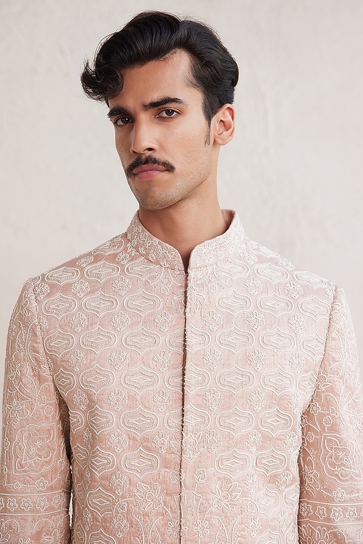 Pink Raw Silk & Cotton Silk Threadwork Groom Indowestern Set by JORAH MEN at Pernia's Pop Up Shop