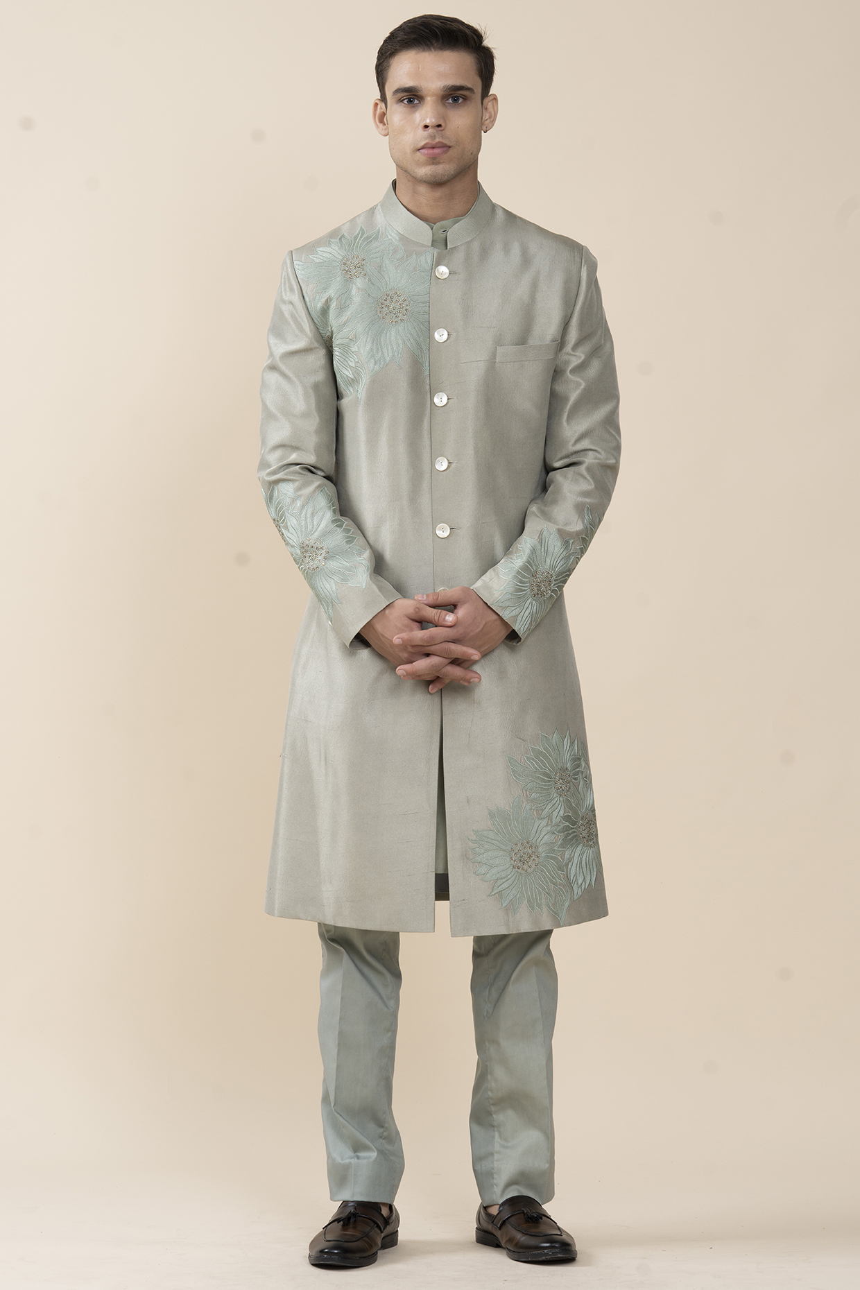Sage Green Dupion & Cotton Silk Pittawork Indowestern Set by JORAH MEN