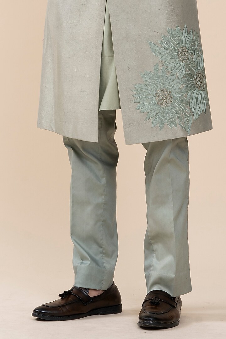Sage Green Dupion & Cotton Silk Pittawork Wedding Indowestern Set by JORAH MEN at Pernia's Pop Up Shop