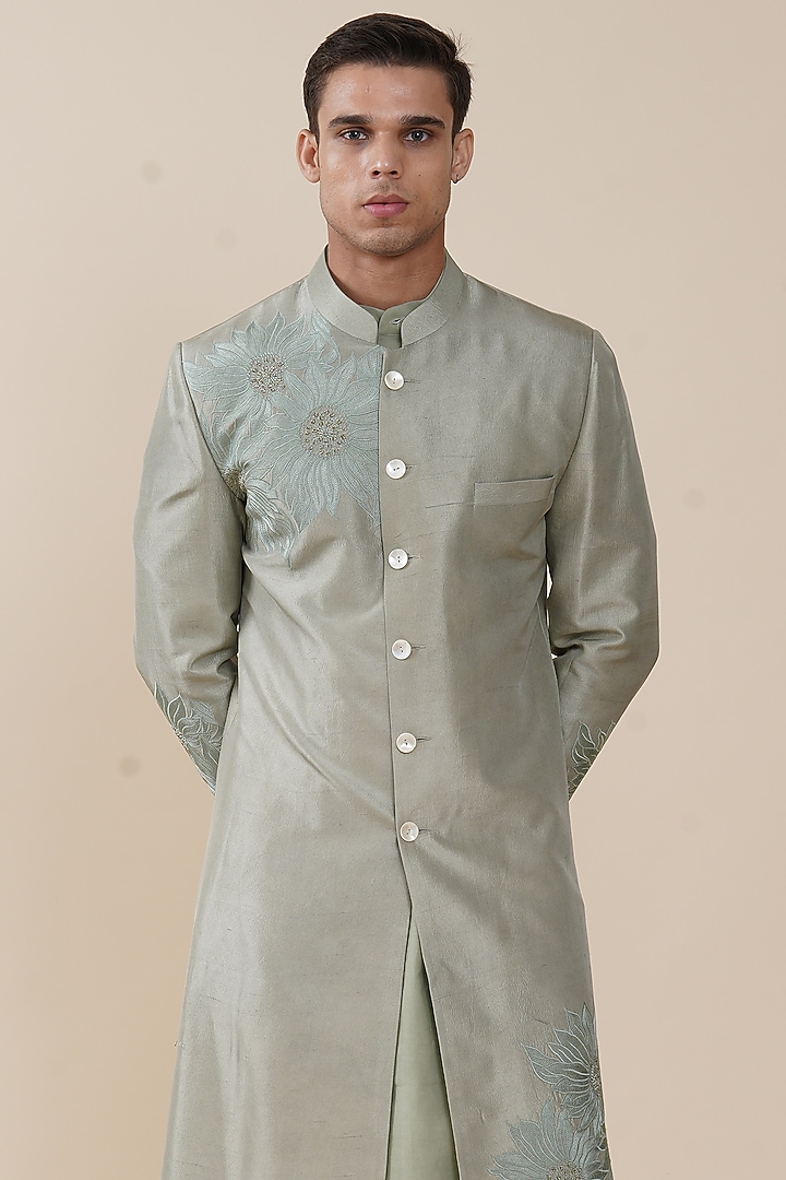 Sage Green Dupion & Cotton Silk Pittawork Wedding Indowestern Set by JORAH MEN at Pernia's Pop Up Shop