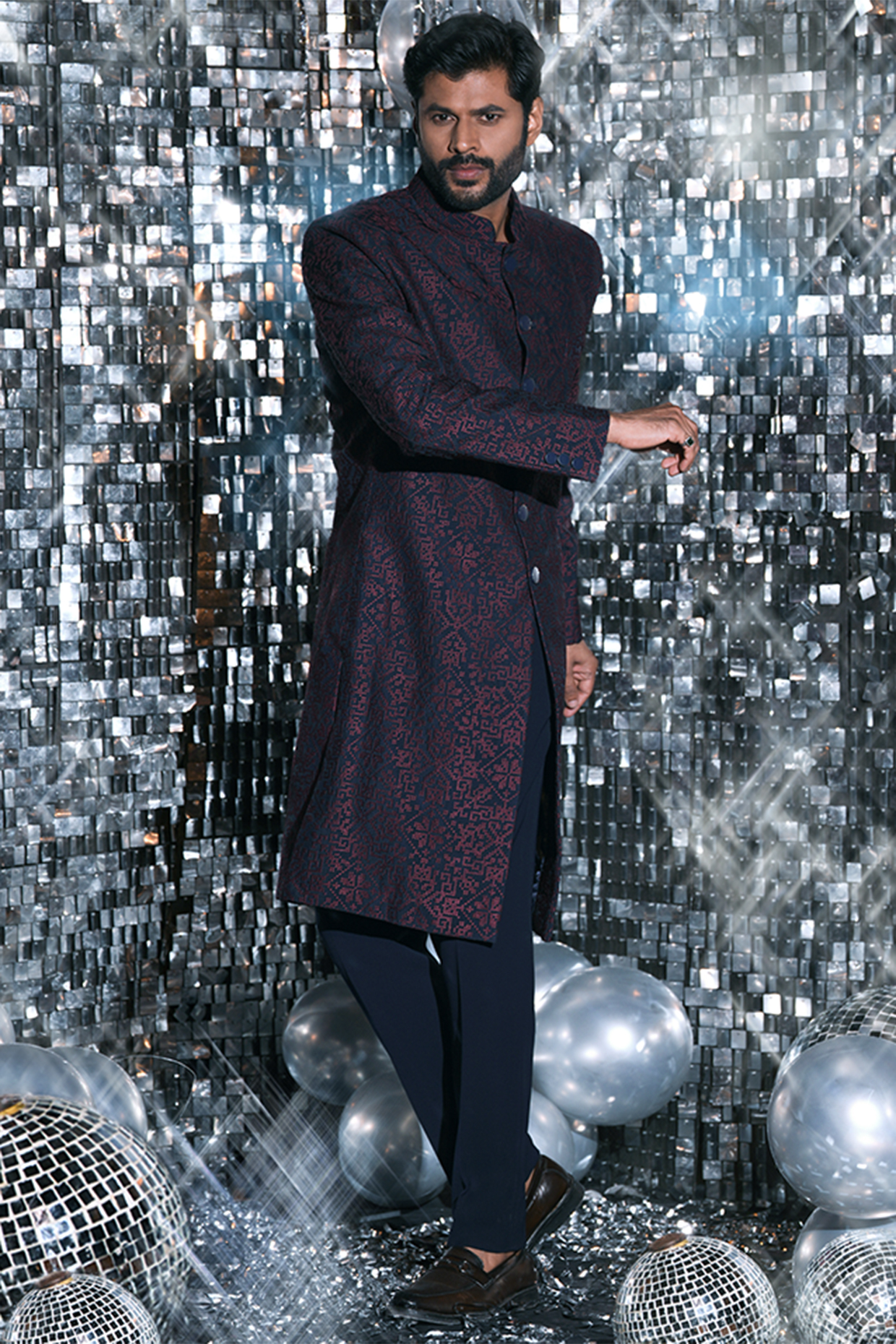 Navy Blue Dupion & Cotton Silk Cross-Stitch Embroidered Indowestern Set by JORAH MEN
