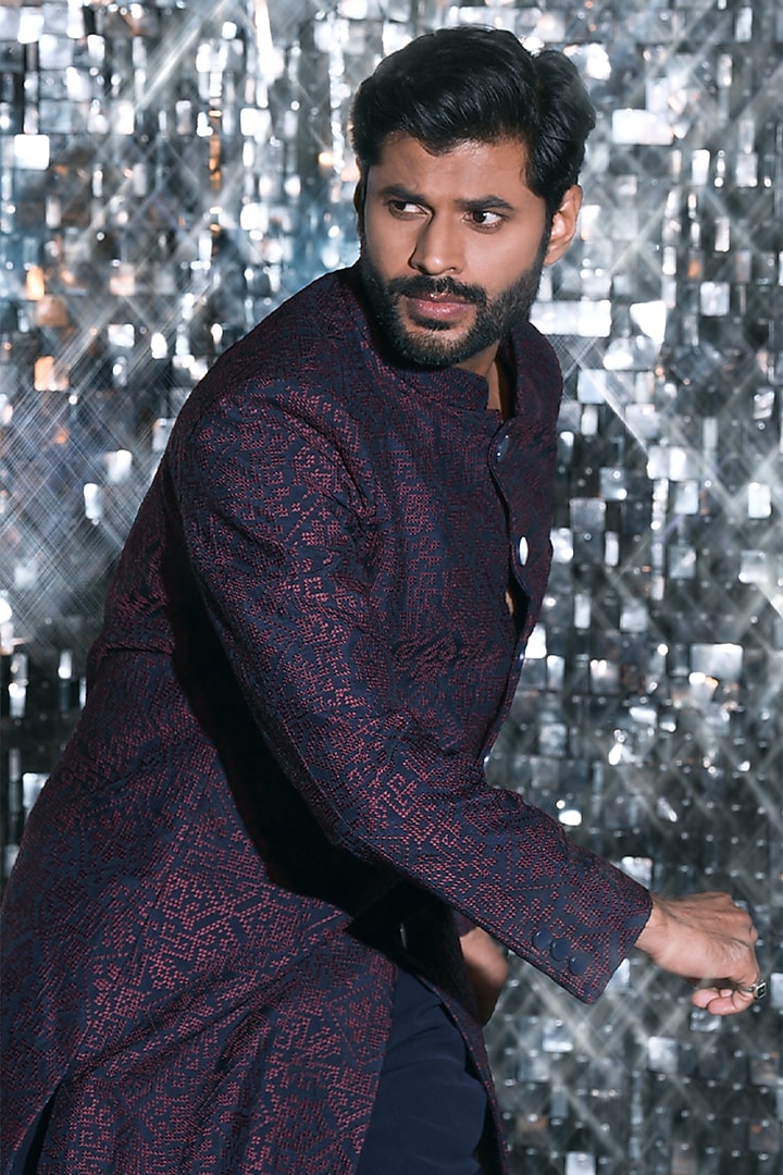 Navy Blue Dupion & Cotton Silk Cross-Stitch Embroidered Wedding Indowestern Set by JORAH MEN at Pernia's Pop Up Shop