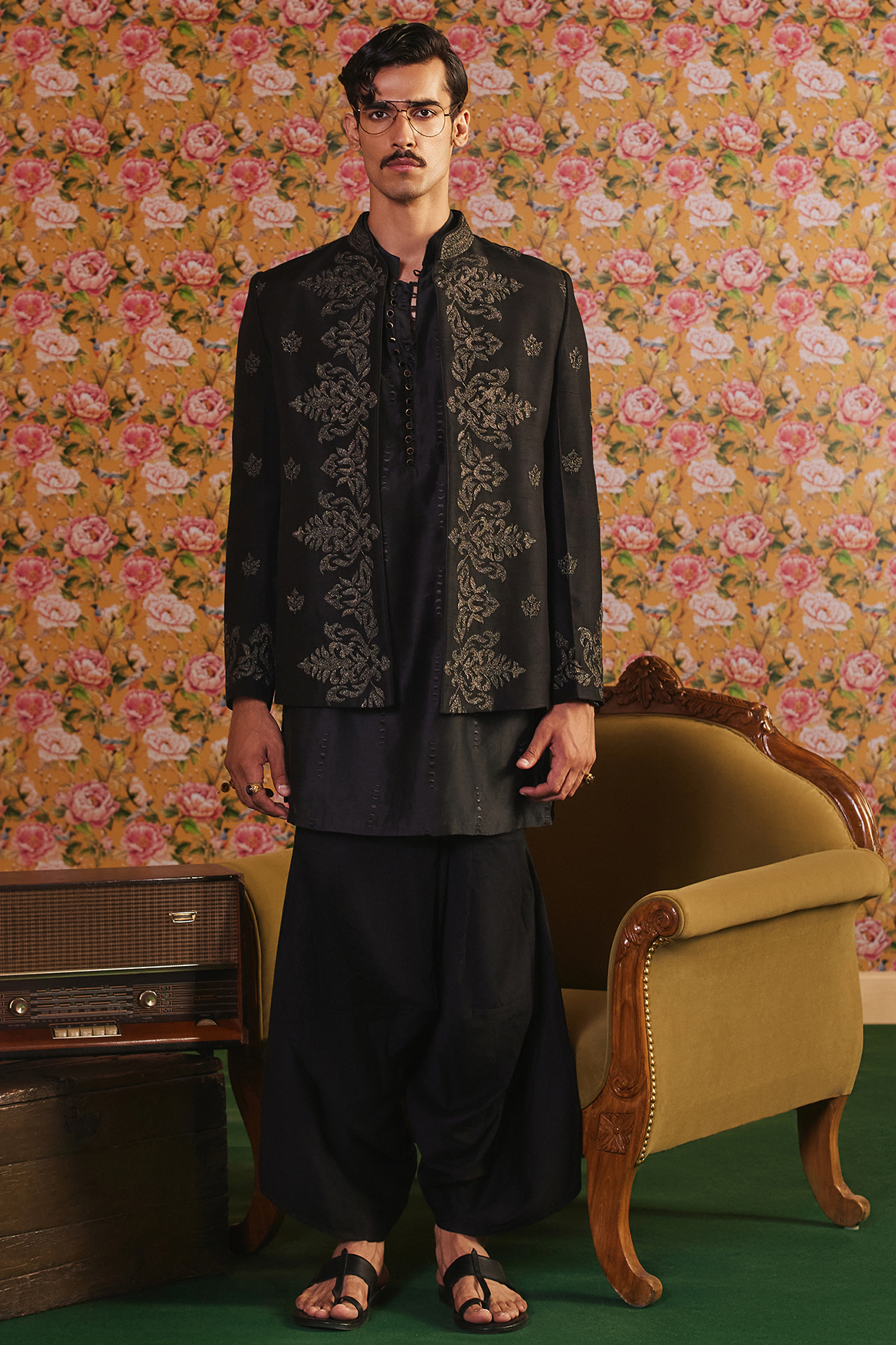 Black Dupion & Chanderi Dori Embroidered Open-Bandhgala Set by JORAH MEN