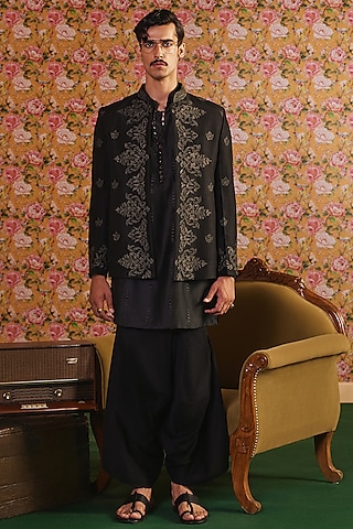 Black Dupion & Chanderi Dori Embroidered Open-Bandhgala Set by JORAH MEN