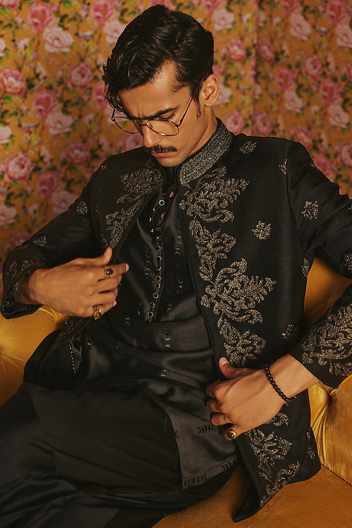 Black Dupion & Chanderi Dori Embroidered Open-Wedding Bandhgala Set by JORAH MEN at Pernia's Pop Up Shop