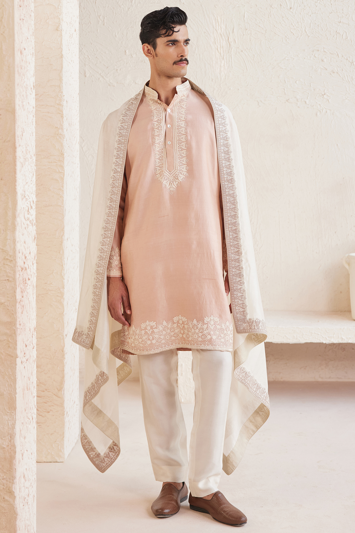 Peach Chanderi Silk Dori Embroidered Kurta Set by JORAH MEN