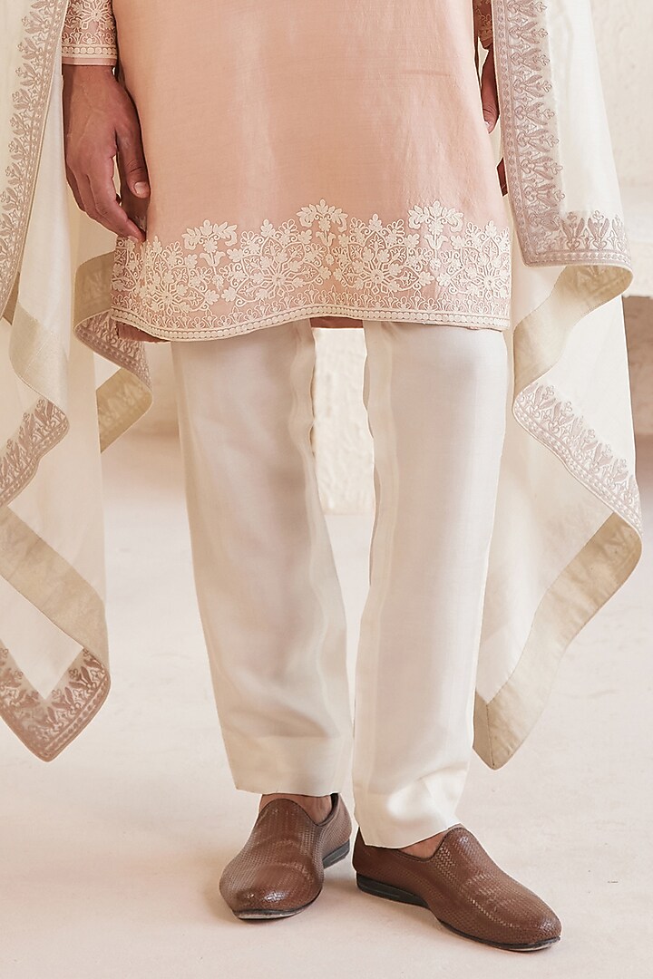 Peach Chanderi Silk Dori Embroidered Kurta Set by JORAH MEN at Pernia's Pop Up Shop