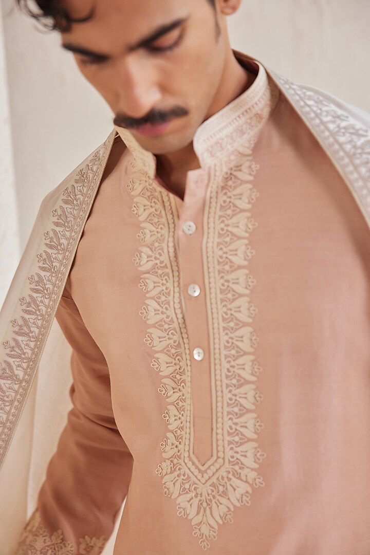 Peach Chanderi Silk Dori Embroidered Kurta Set by JORAH MEN at Pernia's Pop Up Shop