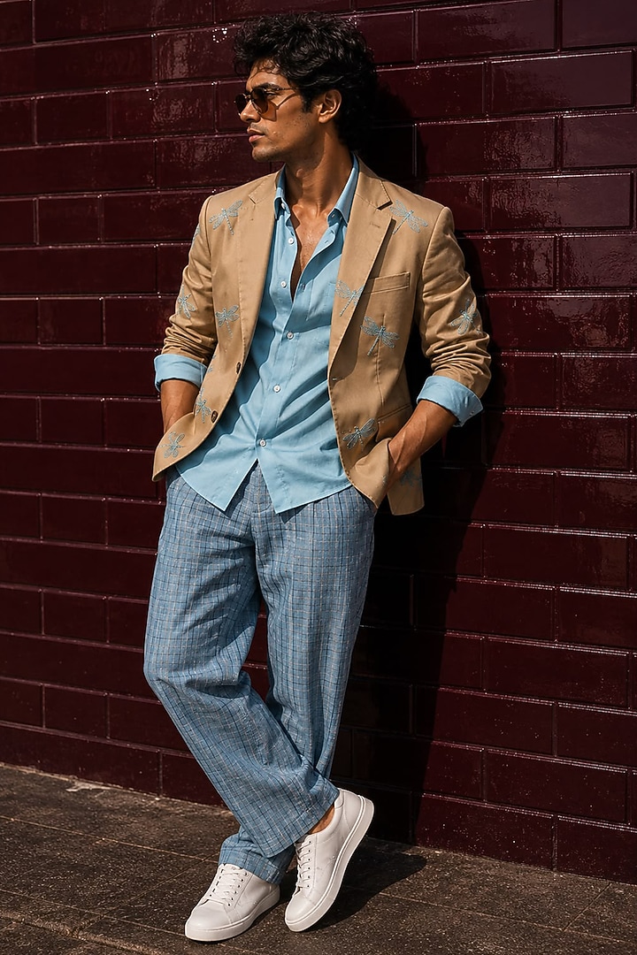 Beige Cotton Embroidered Jacket Set by JORAH MEN at Pernia's Pop Up Shop