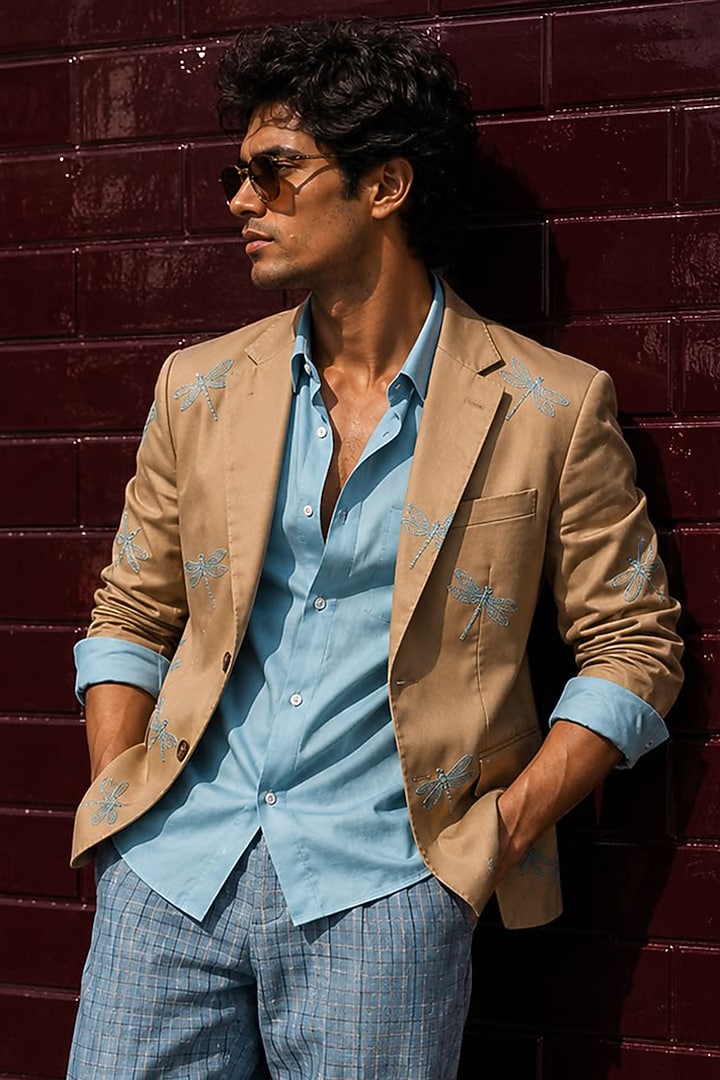 Beige Cotton Embroidered Jacket Set by JORAH MEN at Pernia's Pop Up Shop