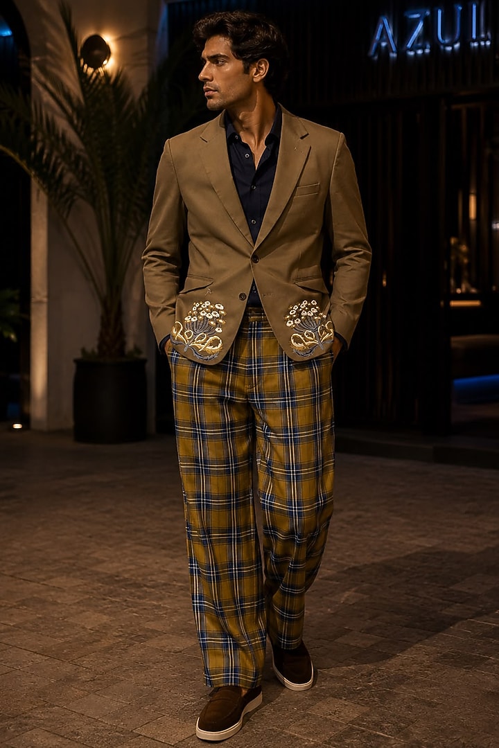 Olive Green Cotton Embroidered Jacket Set by JORAH MEN at Pernia's Pop Up Shop