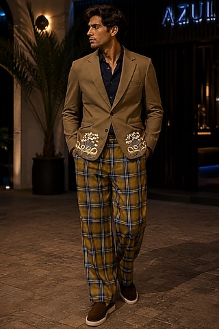Olive Green Cotton Embroidered Jacket Set by JORAH MEN