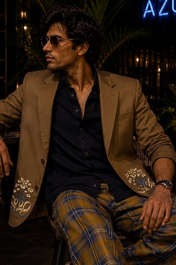 Olive Green Cotton Embroidered Jacket Set by JORAH MEN at Pernia's Pop Up Shop