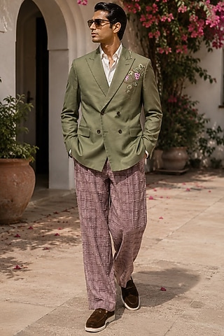 Green Cotton Embroidered Blazer Set by JORAH MEN