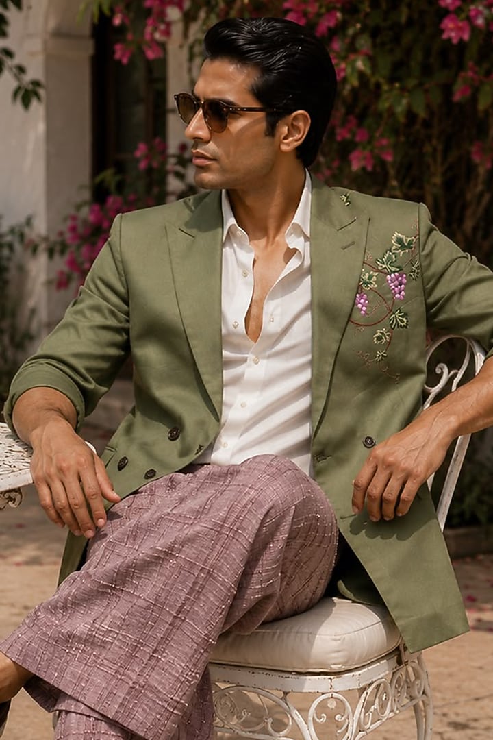 Green Cotton Embroidered Blazer Set by JORAH MEN at Pernia's Pop Up Shop