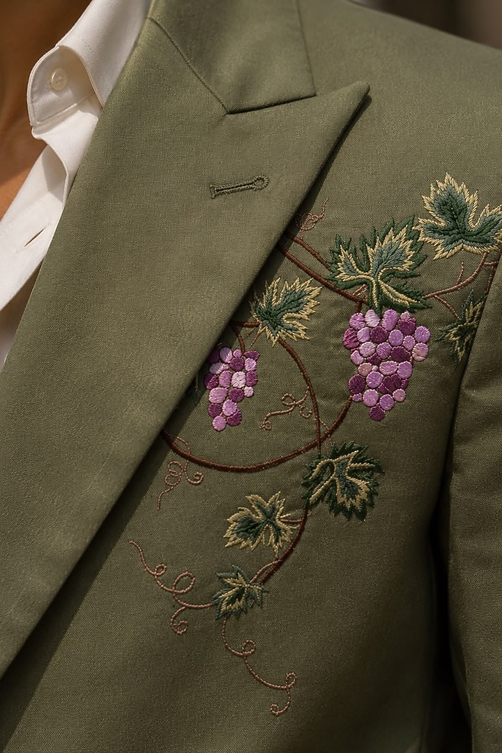 Green Cotton Embroidered Blazer Set by JORAH MEN at Pernia's Pop Up Shop