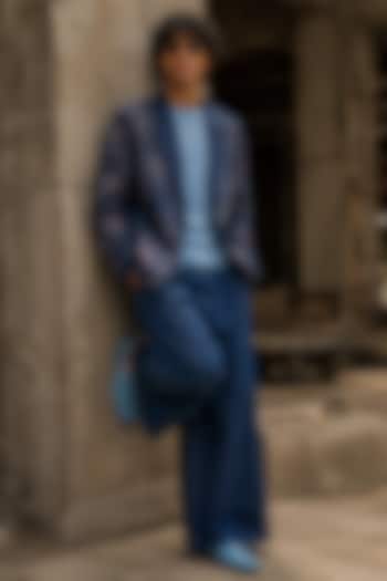 Deep Blue Denim Floral Embroidered Jacket Set by JORAH MEN at Pernia's Pop Up Shop