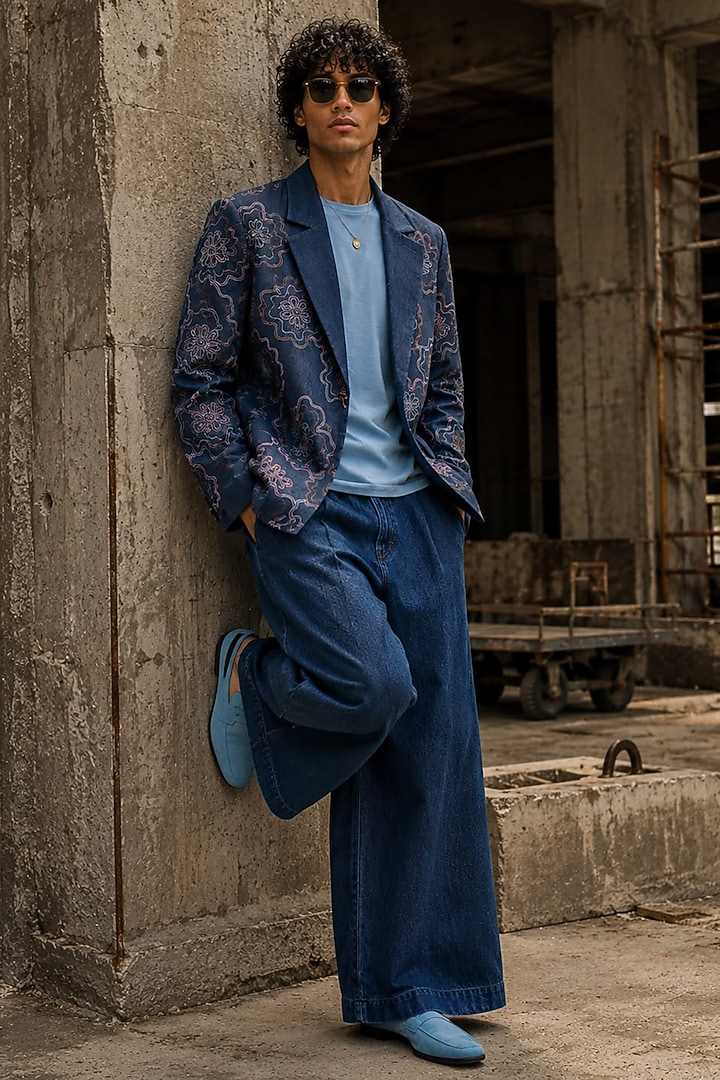 Deep Blue Denim Floral Embroidered Jacket Set by JORAH MEN at Pernia's Pop Up Shop