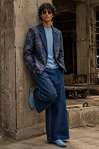 Deep Blue Denim Floral Embroidered Jacket Set by JORAH MEN