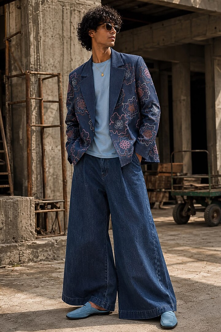 Deep Blue Denim Floral Embroidered Jacket Set by JORAH MEN at Pernia's Pop Up Shop