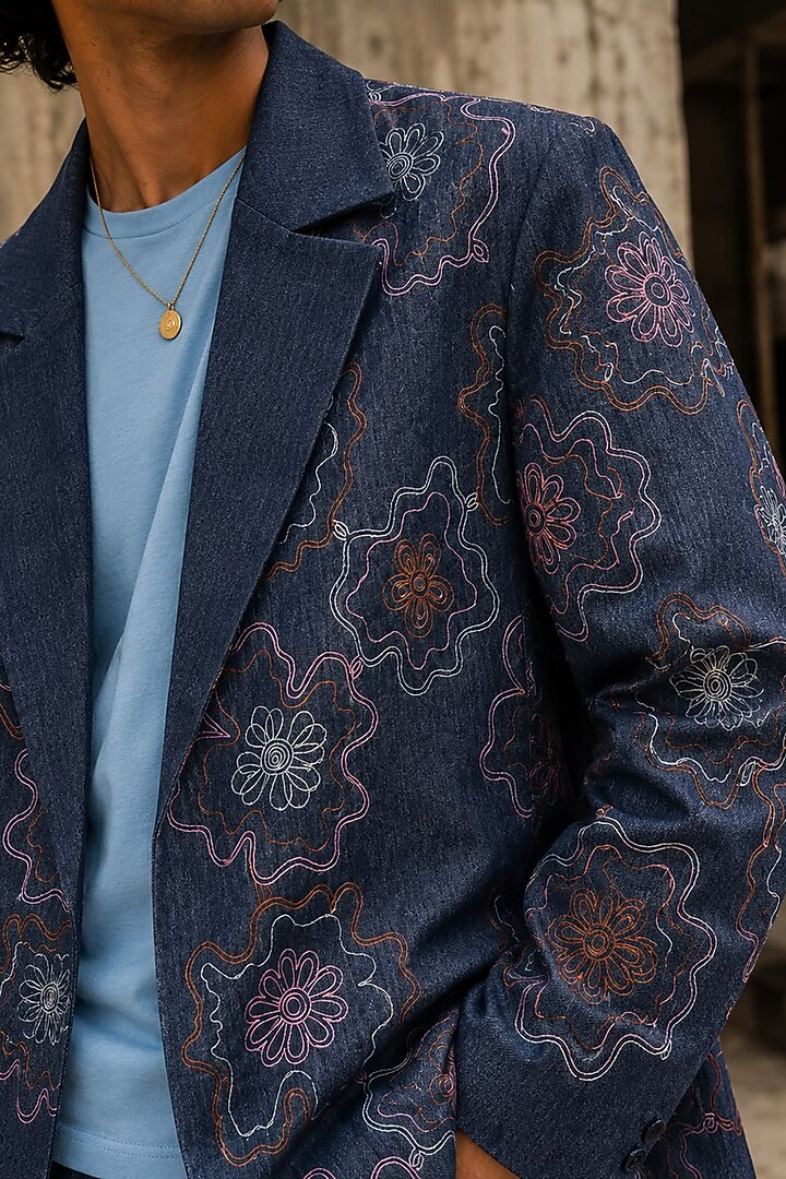 Deep Blue Denim Floral Embroidered Jacket Set by JORAH MEN at Pernia's Pop Up Shop