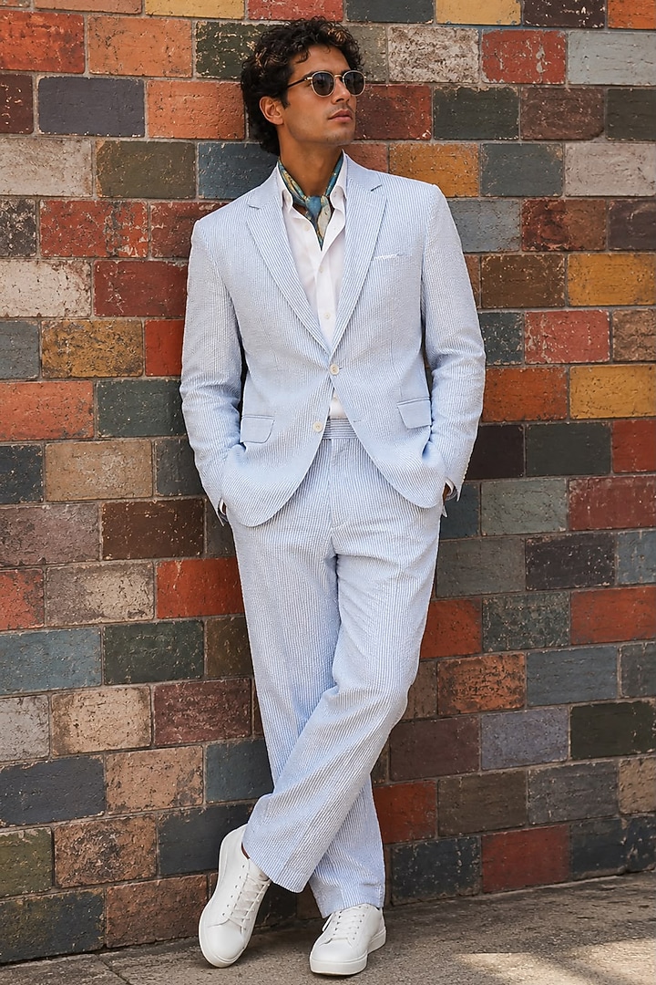 Blue Cotton Blazer Set by JORAH MEN at Pernia's Pop Up Shop