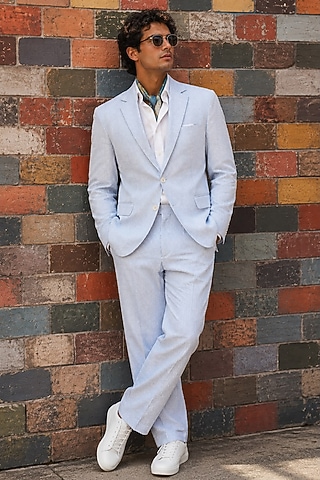 Blue Cotton Blazer Set by JORAH MEN