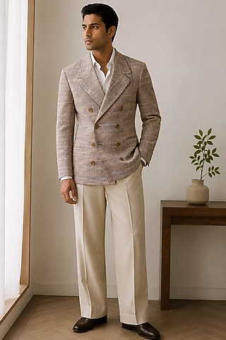 Beige Cotton Double-Breasted Jacket Set by JORAH MEN