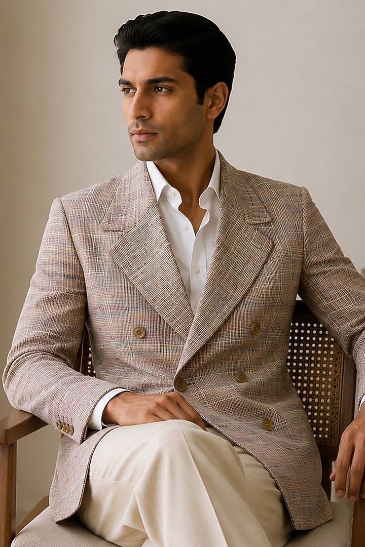 Beige Cotton Double-Breasted Jacket Set by JORAH MEN at Pernia's Pop Up Shop