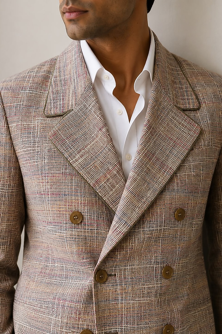 Beige Cotton Double-Breasted Jacket Set by JORAH MEN at Pernia's Pop Up Shop