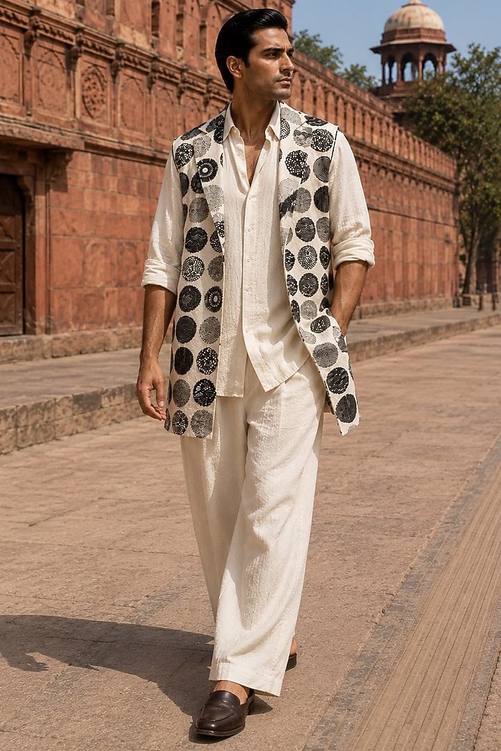Beige Raw Silk Embroidered Jacket Set by JORAH MEN at Pernia's Pop Up Shop